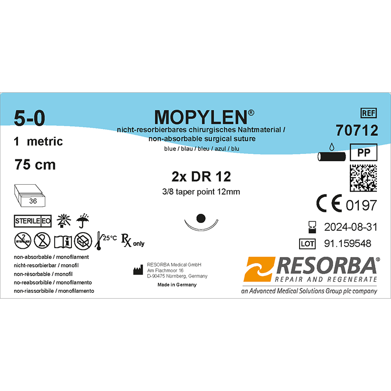 Мопілен USP4-0 синій, довжина 75см, дві колючі голки 12мм, 3/8 кола